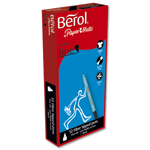 Berol Colourbroad Broad Tip Marker Pens – Pack Of 12, Black, 1.1mm Fibre Tip, Washable Ink